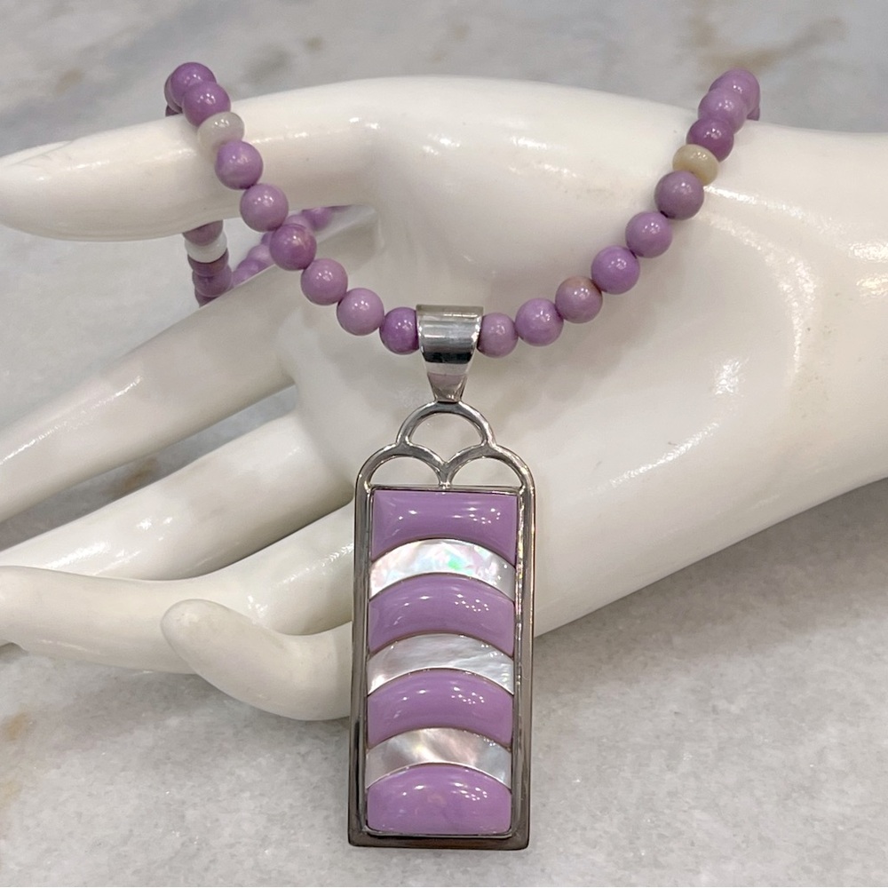 Phosphosiderite White Mother of Pearl Sterling Silver Beaded Pendant Necklace